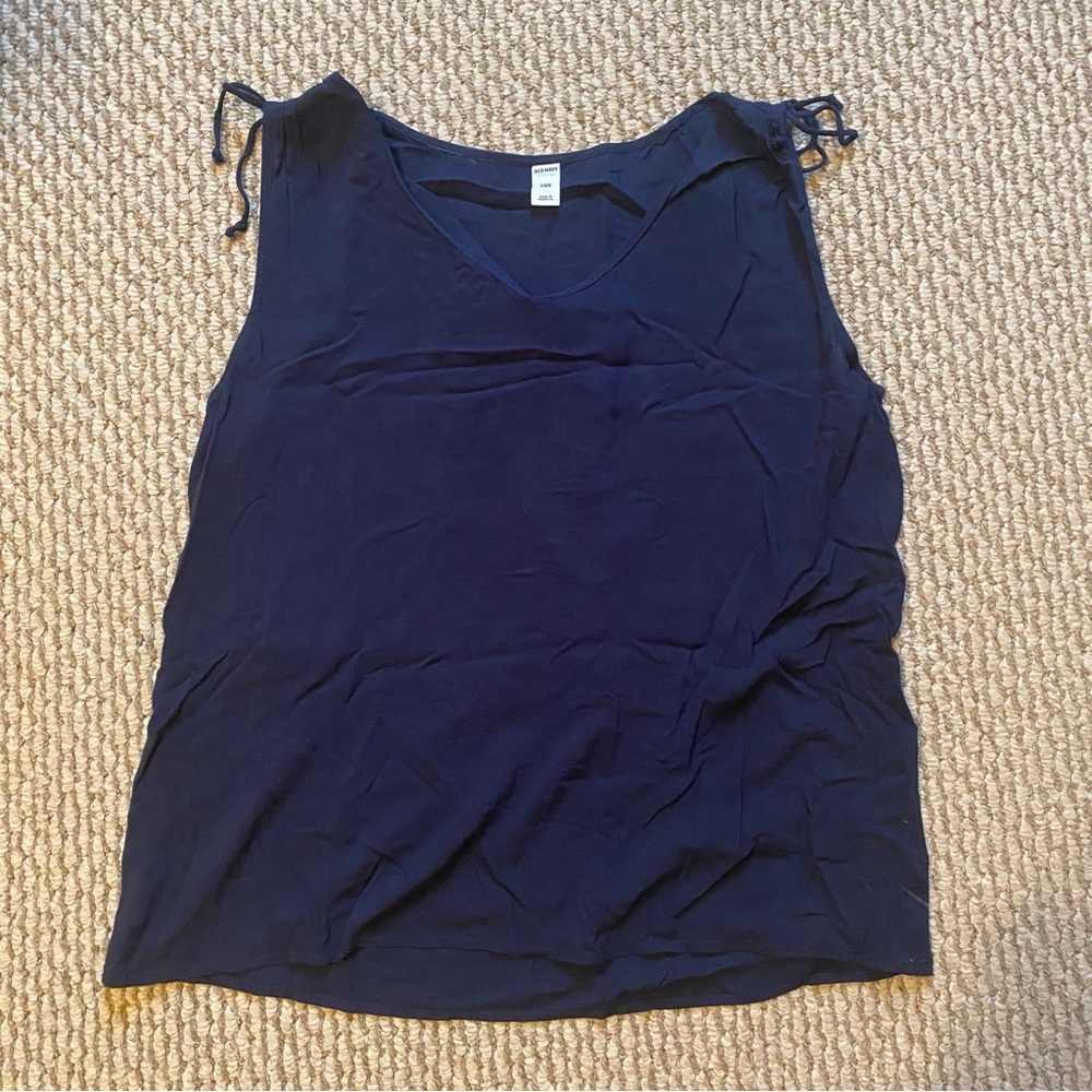 Navy sleeveless blouse with ruched shoulders size L